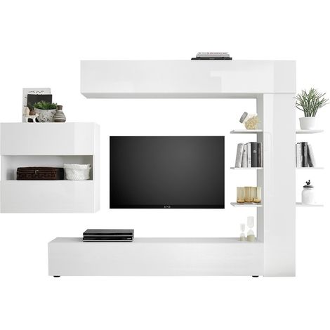 Conjunto de muebles de salón de diseño con numerosos compartimentos de la colección VASCO. Color blanco lacado.