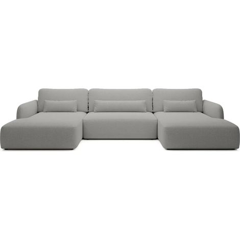 GIGI - Canapé panoramique convertible tissu bouclette 5 places - Gris clair