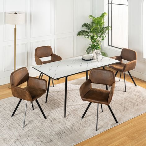 URBAN MEUBLE Ensemble table extensible effet marbre blanche 120-160cm et 4 chaises pivotantes suèdes marrons (1/5)