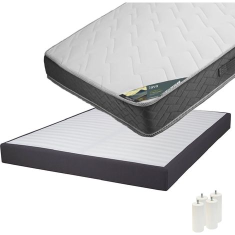JAVA - Pack Matelas 140x190 + Sommier Tapissier Démontable 2x20 Lattes Anthracites + Pieds Blancs 15cm (1/5)