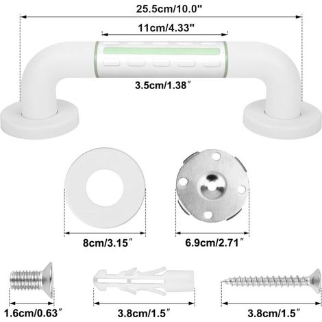 Set di 2 maniglioni di sicurezza per bagno in acciaio inox 304 con impugnatura antiscivolo - Maniglione fluorescente da 30 cm per vasca da bagno, WC, bagno, ringhiera delle scale (1/4)