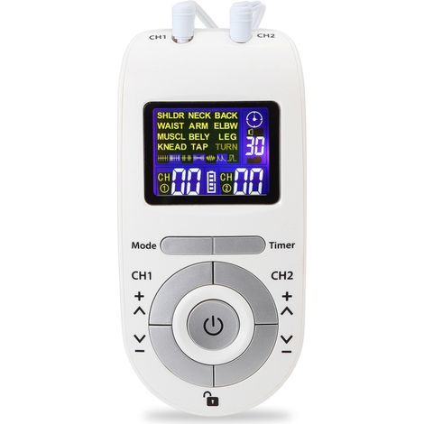 Tragbares Zweikanal-TENS- und EMS-Gerät: Impulsmassagegerät, Muskelstimulator, 12 Massageprogramme, 40 Intensitätsstufen, einstellbarer Timer (1/5)