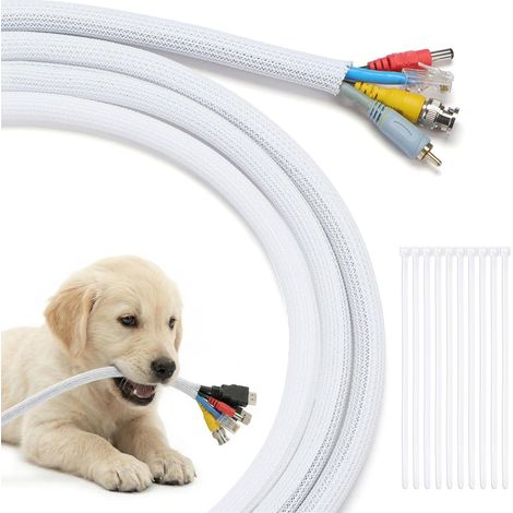 Manchon de protection tressé fendu pour câbles de télévision, ordinateur, câble d'alimentation, câble audio, protection des câbles contre les animaux domestiques, ne mâche pas, 3 m – Blanc (1/5)