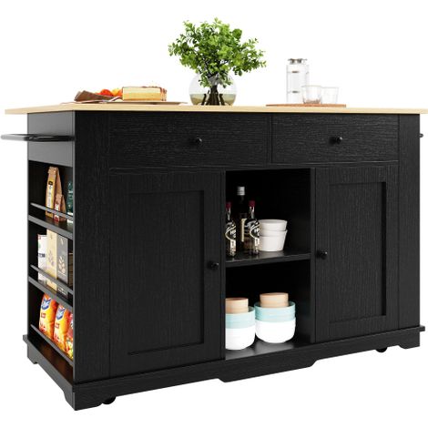 Îlot cuisine chariot roulettes, 2 portes coulissantes 3 tiroirs, bois noir (1/4)