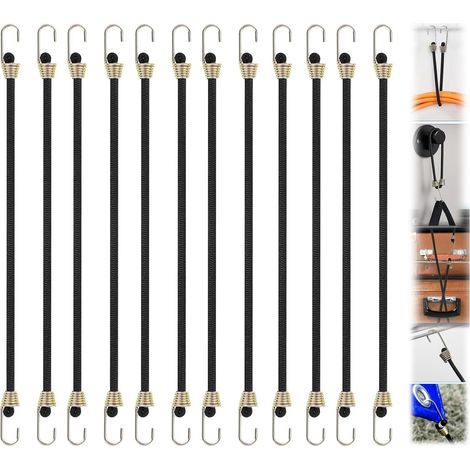 12 cuerdas elásticas negras con ganchos metálicos, para lonas, bicicletas y diversos sistemas de sujeción.