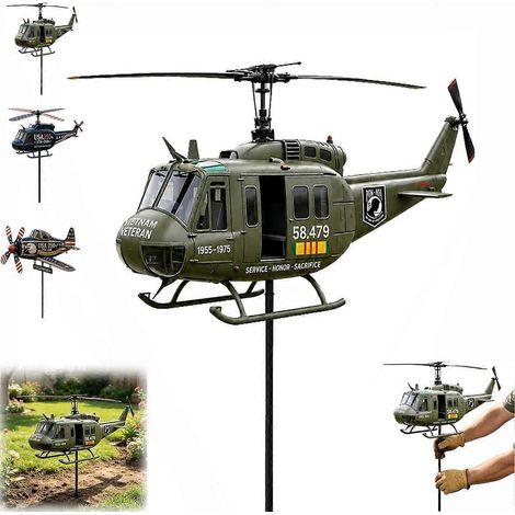 Girouette en forme d'hélicoptère UH-1, emblème des vétérans du Vietnam, avec hélice tournante, sculpture d'avion en métal 2D pour extérieur. (1/5)