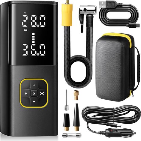 Compresseur à Air Portatif 150 PSI, 9000 mAh Gonfleur Pneus Voiture avec Écran Numérique LED, Mini Pompe Velo Electrique avec Câble 12V CC et Lumière LED pour Voiture, Moto, Vélo, Balles (1/5)