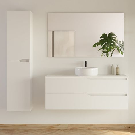 Meuble de salle de bain 120cm avec plateau et vasque ronde Ares - 2 tiroirs et colonne de rangement - blanc mat - LUNA