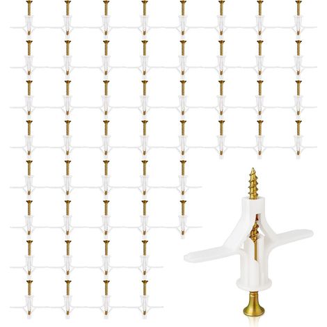 50 Chevilles à Expansion Forme Avion pour Placo, Béton Creux et Briques - 50 Ancres Plastique + 50 Vis - Fixation Murale pour TV, Étagères, Rideaux (Charge Max 50kg) (1/5)