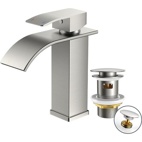 Robinet de Salle de Bain avec Bonde de Vidage, Mitigeur Lavabo Cascade pour Avec une Hauteur de Bec de 110 mm, Économiseur d'eau et D'énergie, Nickel Brossé (1/5)