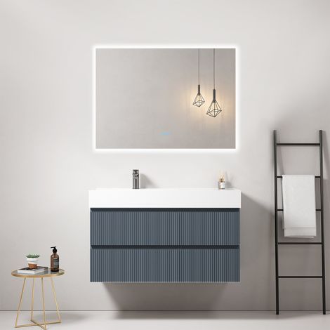 Mobile bagno sospeso cannettato 100 cm Blu Mare Lavabo a Sinistra in Resina Specchio Quadro Retroilluminato - Fiji Paint (1/4)