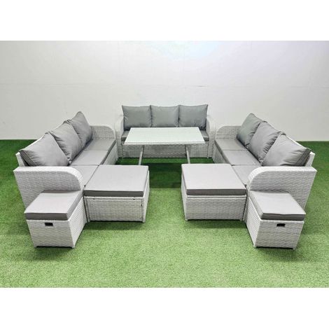 Fimous Patio Garden Furniture Sets with Dining Table 3 Seater Sofa 4 Stool Light Grey (1/4)