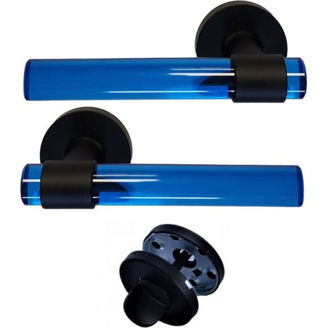 Maniglie per porte in cristallo di plexiglass blu “JOY” con gambe in acciaio inox nero. +1 Coppia di coccarde di condanna