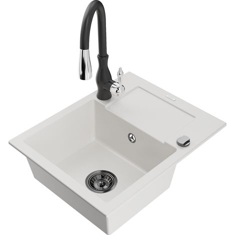 Mexen Enzo lavello in granito 1-vasca con scolapiatti e rubinetto da cucina Savita, bianco - 6506-20-672601-70 (1/5)