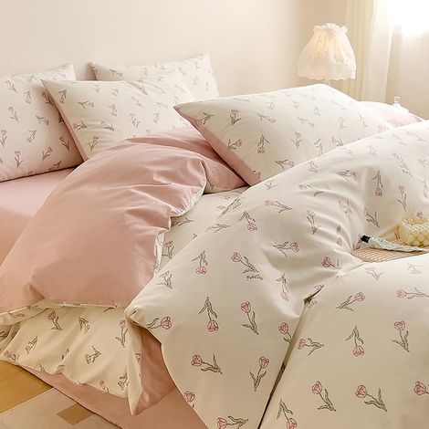 Parure de lit en coton avec housse de couette de 140 x 200 cm et taie d'oreiller de 70 x 90 cm Motif floral botanique Rose et blanc (1/5)