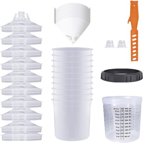 Lot de 10 gobelets de mélange de Peinture jetables 600 ML, pour Pistolets à Peinture HVLP et LVLP avec 10 gobelets et couvercles, 1 gobelet Dur avec 2 Anneaux de Maintien (1/5)