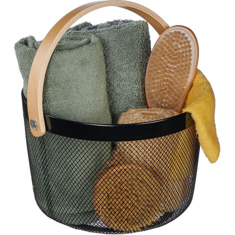 Relaxdays Cesta de Almacenaje Acero con Asa, Redonda, Caja Organizadora de Metal y Madera, Cocina, Baño, Salón, Negro