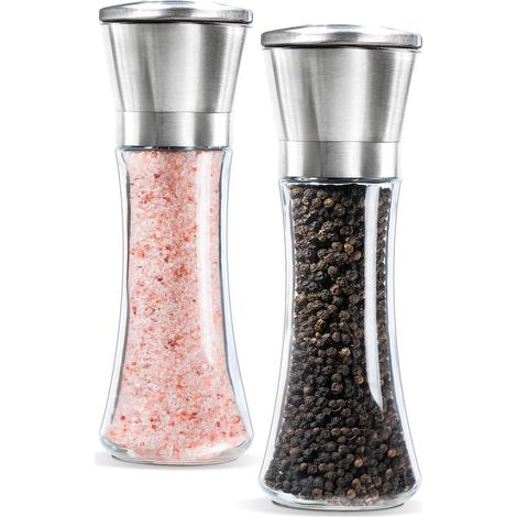 Premium Salt and Pepper Grinder Set of 2 - Brushed Stainless Steel Pepper Mill and Salt Mill, 6 oz Tall Glass Body, 5-Level Adjustable Ceramic Rotor - Salt and Pepper Shakers