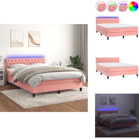 Sommier à lattes de lit avec matelas et LED Rose 140x190 cm - Lit Plateforme - Lit Rembourré - Lit Design - Lit Double - Tête De Lit Ajustable (1/5)