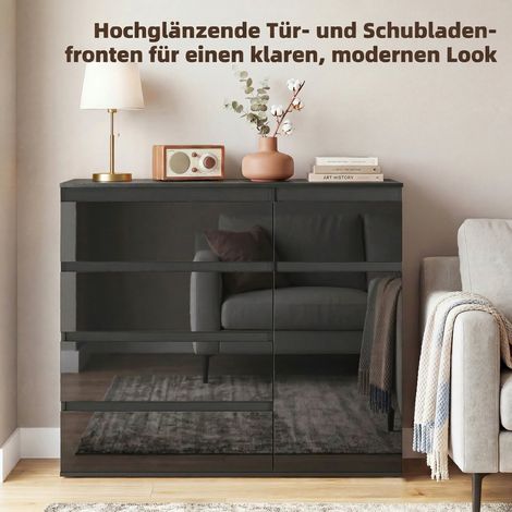 Buffet design, meuble de rangement 5 tiroirs, étagère ajustable, porte à fermeture silencieuse, noir laqué brillant