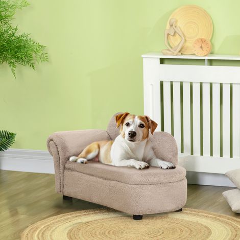 Erhöhtes Hundesofa mit ausziehbarem Stauraum, Polstersofa aus Holz und Samtstoff, 80 x 40 x 46 cm, Beige