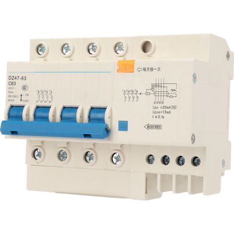 Disjoncteur 4P, dispositif de protection contre les surintensités, boîtier PA66, pouvoir de coupure de 4500 A, montage sur rail DIN, 400 V