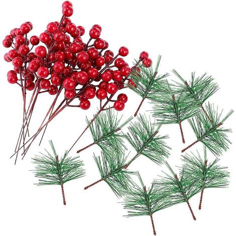 20 branches de baies artificielles et aiguilles de pin pour emballage cadeau de Noël (vert + rouge)-20X1.5X1.5CM-Red