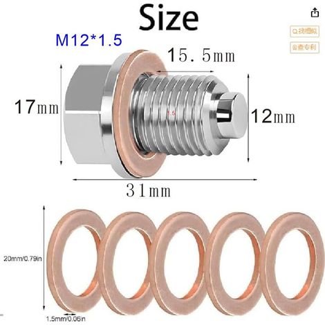 Magnetische Ölablassschraube M12 x 1,5, mit 5 Kupferdichtungen und Dichtringen für die meisten Fahrzeuge (1/5)