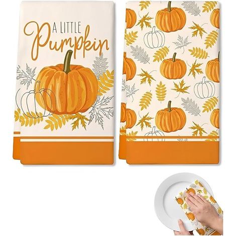 Torchons d'Automne avec Feuilles d'Érable et Citrouilles pour Cuisine, torchon automne (40x60 cm) (Orange) (1/5)