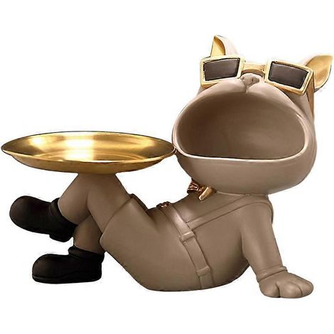 Boîte de rangement en résine en forme de bouledogue, sculpture décorative, bonbonnière multifonctionnelle. (Beige) (1/5)