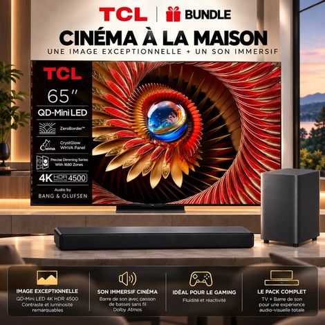TCL Q8C TV QD Mini LED 65 pouces, 4K HDR Premium 4500, ZeroBorder™ + Barre de son (1/5)