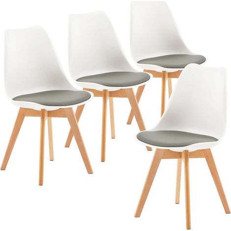 4er Set Esszimmerstühle mit Massivholzbeinen, skandinavisches Design, PU-Leder, Weiß & Grau (1/5)