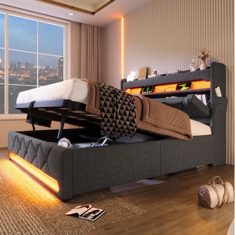 lit coffre 160x200, rangement LED, lin gris HAVRYA (1/5)