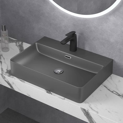 doporro Lavabo da Appoggio o Sospeso Lavandino Bagno Rettangolare con Foro per Rubinetto e Troppopieno 60 cm in Ceramica Antracite Opaco - Meissen201 (1/5)
