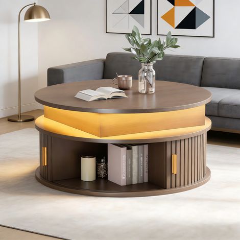 Table basse réglable en hauteur (75 x 75 x 52 cm), table d'appoint avec éclairage LED, table basse ronde, table à thé avec deux portes coulissantes, table couleur noyer avec espace de rangement dissim (1/5)