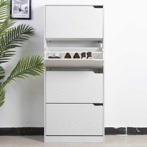 Scarpiera 4 Ante Ripiani Doppia Profondita Legno MDF 63x24x150 Bianco Frassinato (1/5)
