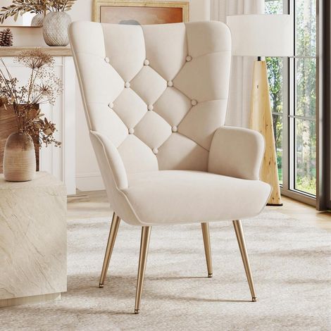 Sessel Creme mit Hocker, Samt, Gold Metallfüße, bis 150 kg (1/5)