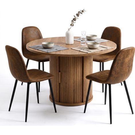 FurnitureR Essgruppe Rund 120 cm mit 4 Stühlen und Stauraumschrank Runder Esstisch mit integriertem Stauraum und 4 bequemen Wildlederoptik-Stühlen für 4-6 Personen (1/5)
