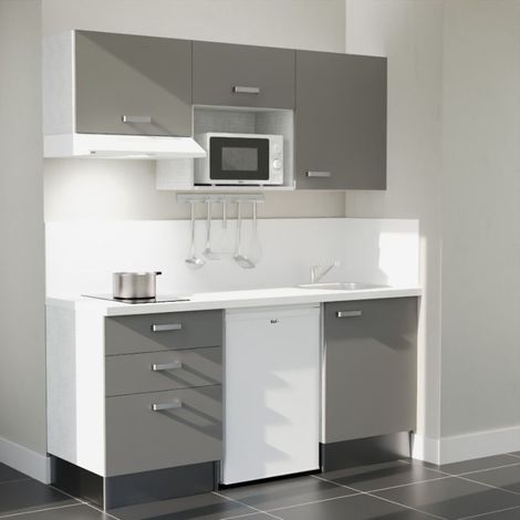 Kitchenette K20L-PT - 180 cm - plan stratifié, évier inox, - Façade Gris - Plan Blanc - Crédences Oui + Electroménager inclus coloris Blanc