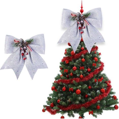 Nœuds argentés pour sapin de Noël, grand nœud pour décorations d'arbre de Noël (1/5)