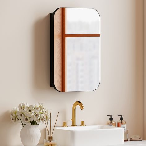 Armoire miroir salle de bain, meuble mural avec étagère réglable, 40 x 10 x 60 cm, noir, rangement malin pour petit espace. (1/5)