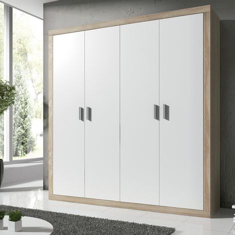 Armoire, placard garde-robe 4 portes coloris Chêne cambrian, blanc - Longueur 196 x Profondeur 50 x Hauteur 208 cm -PEGANE- (1/2)