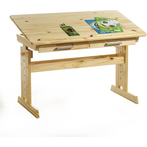 Idimex – Bureau enfant réglable en hauteur – Plateau inclinable 0° à 32° – En pin massif vernis naturel – 2 tiroirs de rangement (1/4)