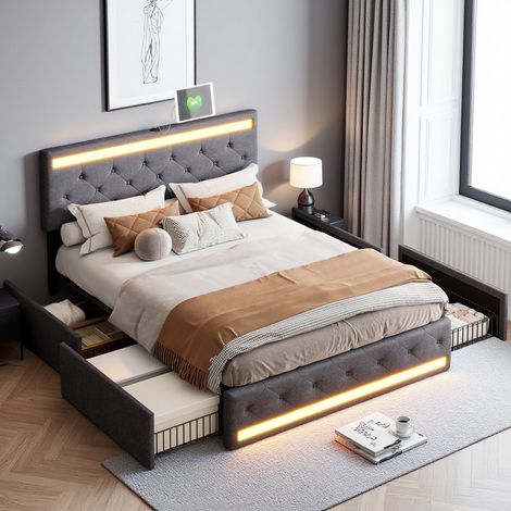 Letto 160x200 cm - tessuto in lino - LED E 4 cassetti - struttura letto matrimoniale 160x200 cm - Grigio (1/5)