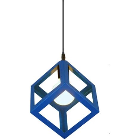Lampe Suspendue Cube - Lustre Géométrique en Fer - Douille E27 - Pour Salon Chambre Cuisine - 16 cm - Bleu (1/5)