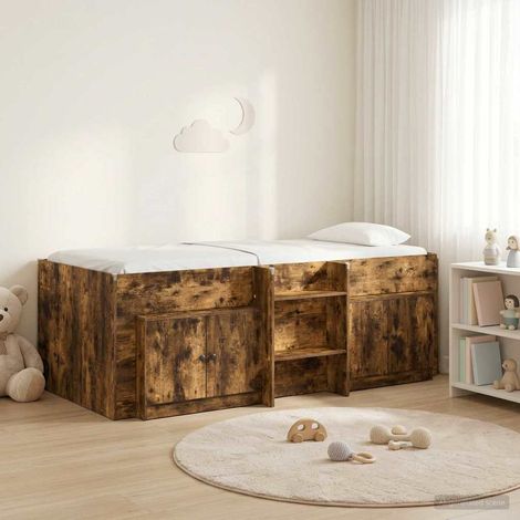 vidaXL Cadre de lit en loft avec armoire avec stockage 3 pc Chêne fumé (1/5)