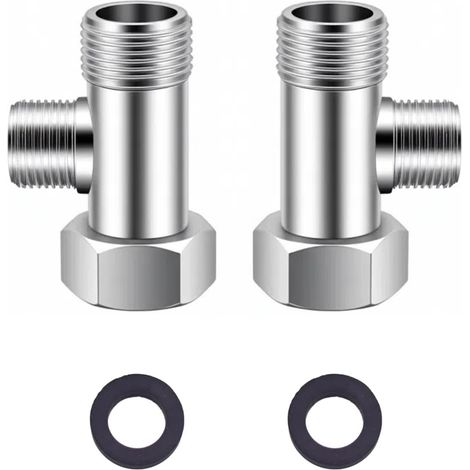 Lot de 2 valves de raccordement 3 voies en T 3/8" avec 2 rondelles en laiton nickelé pour air comprimé et eau sanitaire (1/5)