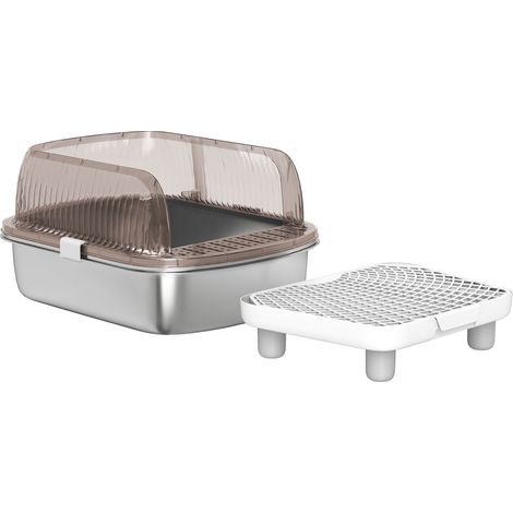 Arenero para gatos cubierto con bandeja de acero inoxidable bordes altos pala peldaño zona caída arena gris (1/5)