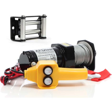 XPOtool Set Elektrische Seilwinde 907kg 12V, Seilzug mit 12,5m Stahlseil, 1PS Motorwinde u. Rollenfenster, Windenfenster mit 4 Rollen Lochabstand 109mm, Seilrollenfenster