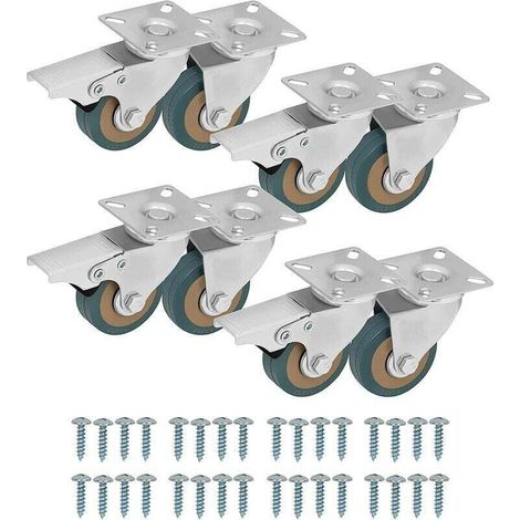 Lot de 8 Roulettes Pivotantes - 50 mm - Roues en Caoutchouc - Plaques Métalliques - Frein à Pédale - Pour Meubles Chariots Industriels (1/4)